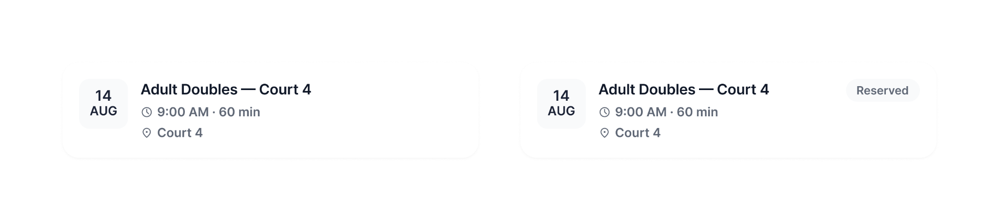 DateBadgeCard component examples showing default and reserved variants.