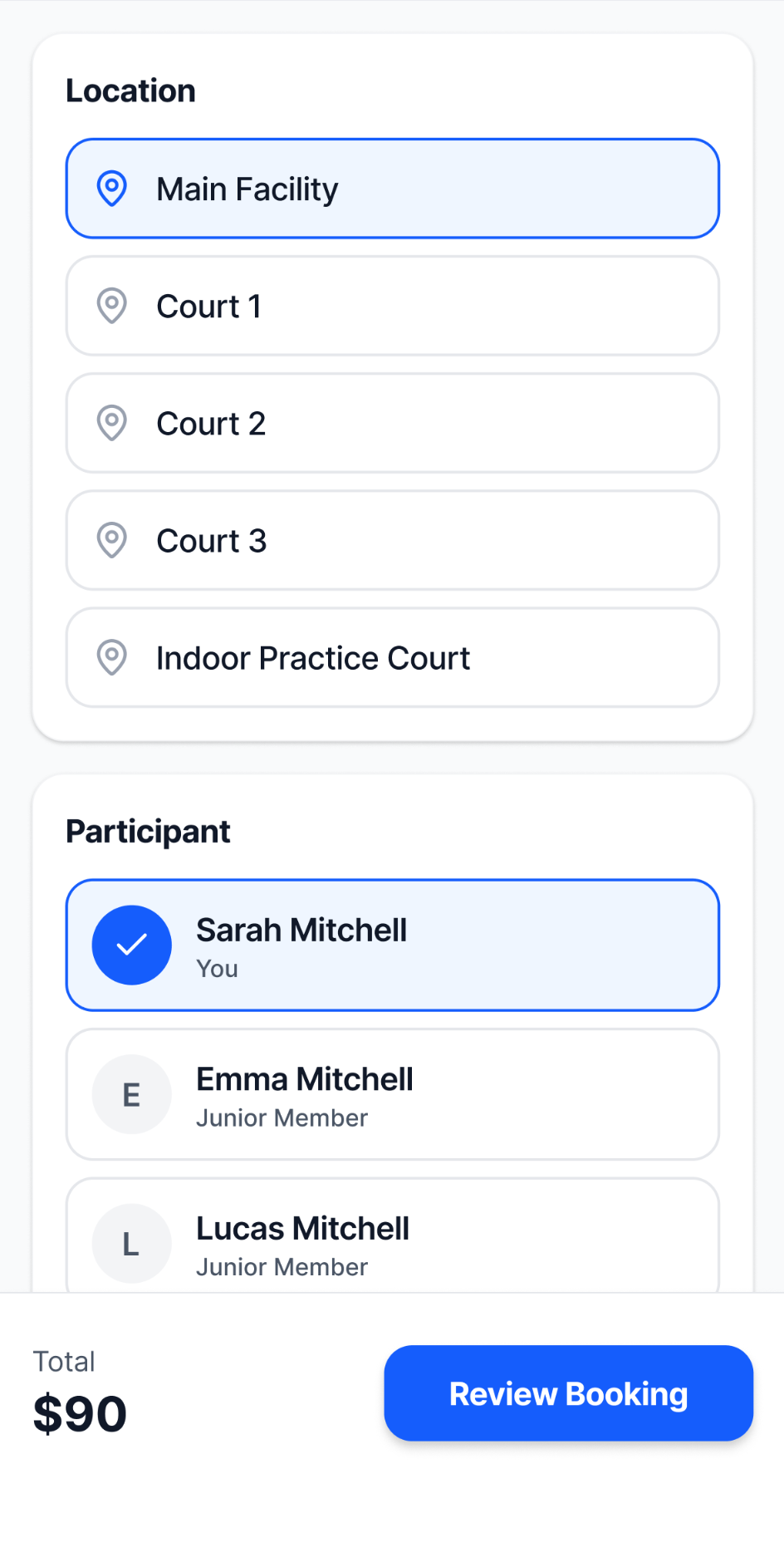 Figma Make Lesson Details prototype exploring location and participant selection with booking review.