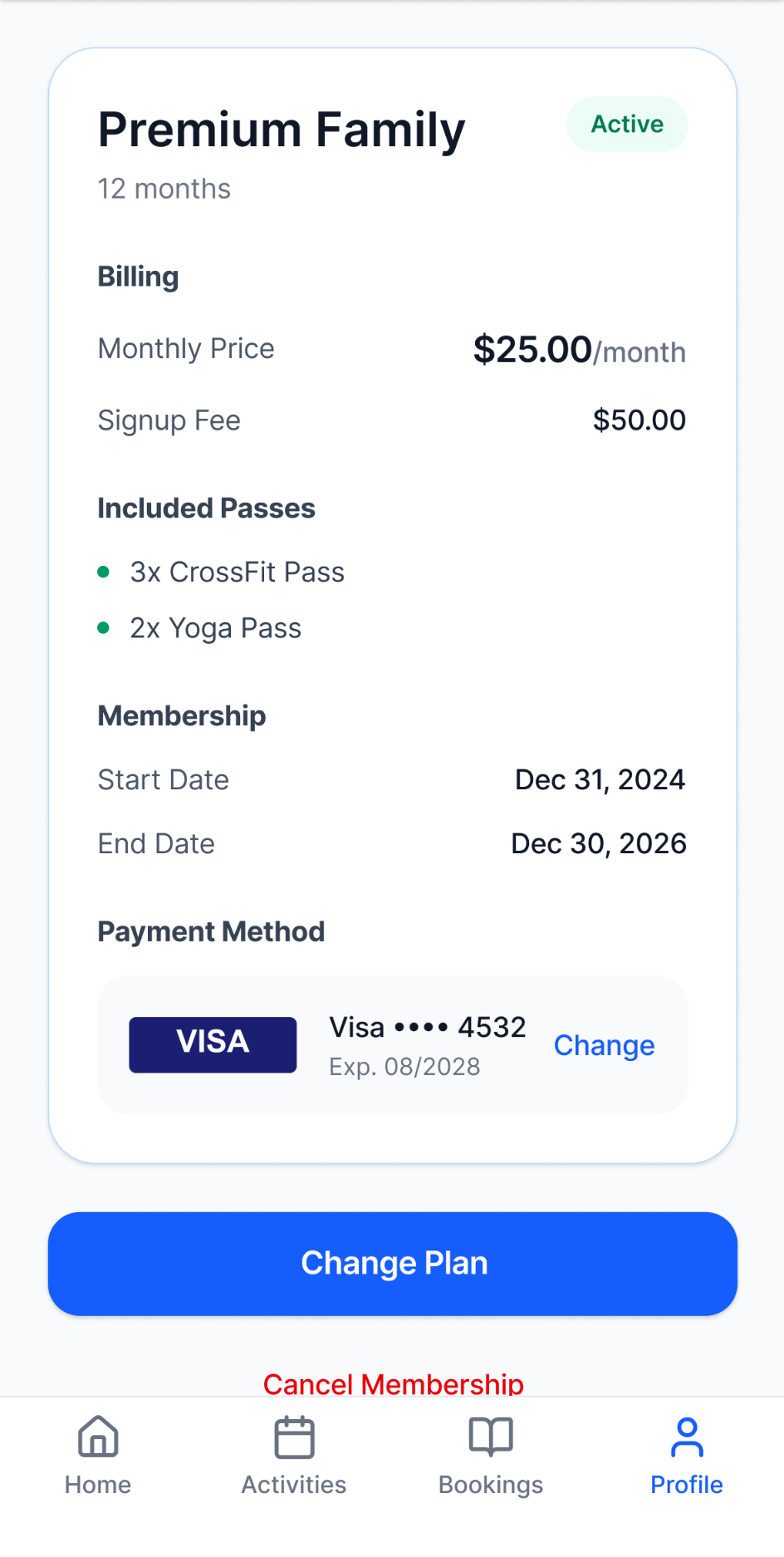 Figma Make Membership Details prototype exploring plan status, billing, passes, dates, payment method, and actions.