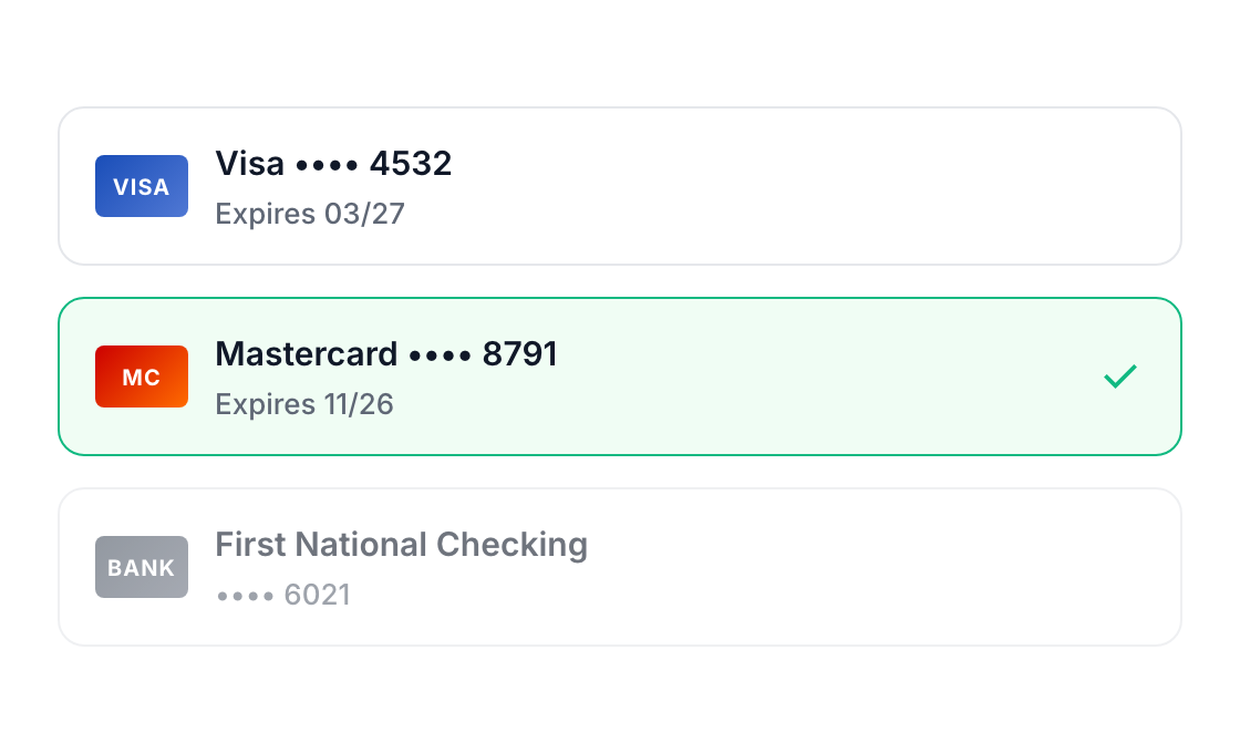 V2 payment method selection rows showing neutral Visa, selected Mastercard, and disabled First National Checking states.