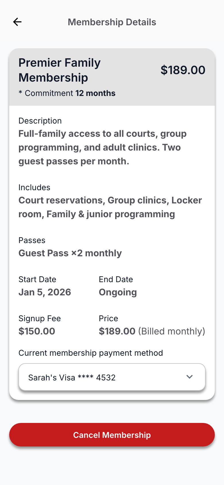 V1 active membership screen showing plan details, dates, payment method, and a prominent cancellation action.