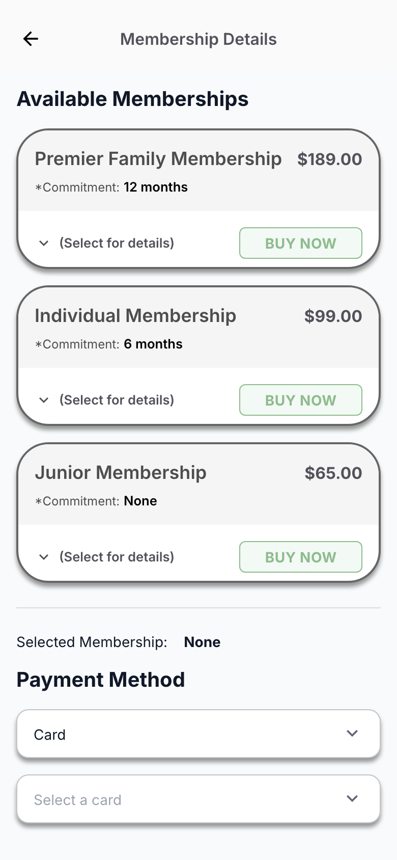V1 membership discovery screen with available membership cards collapsed.