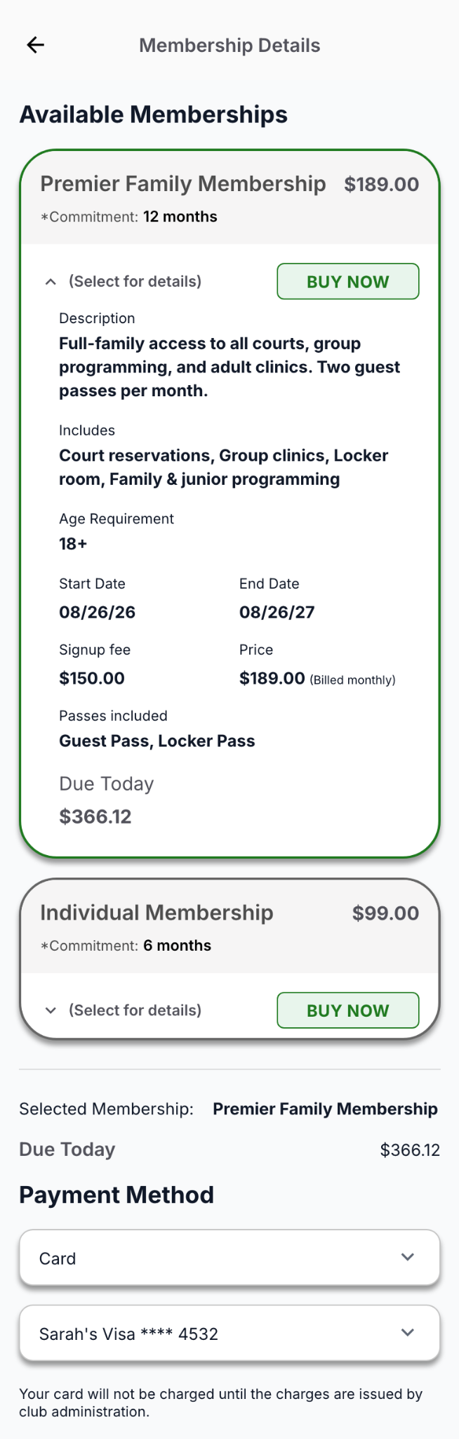 V1 expanded membership plan with details and payment-method selection.