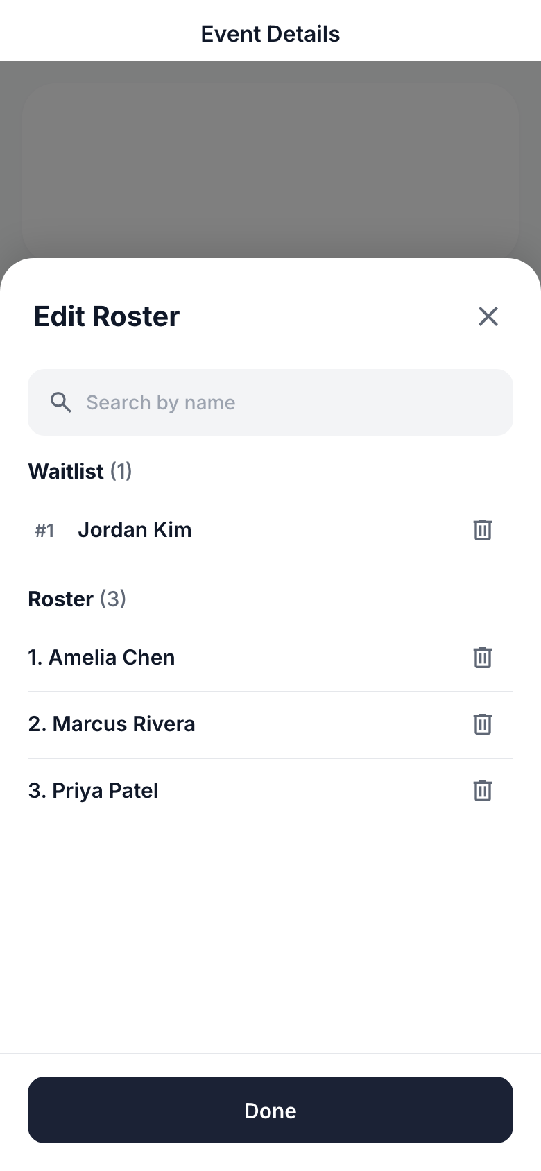 Clubcloud V2 instructor Roster Edit interface showing participant search, grouped rosters, removal controls, and a persistent Done action.