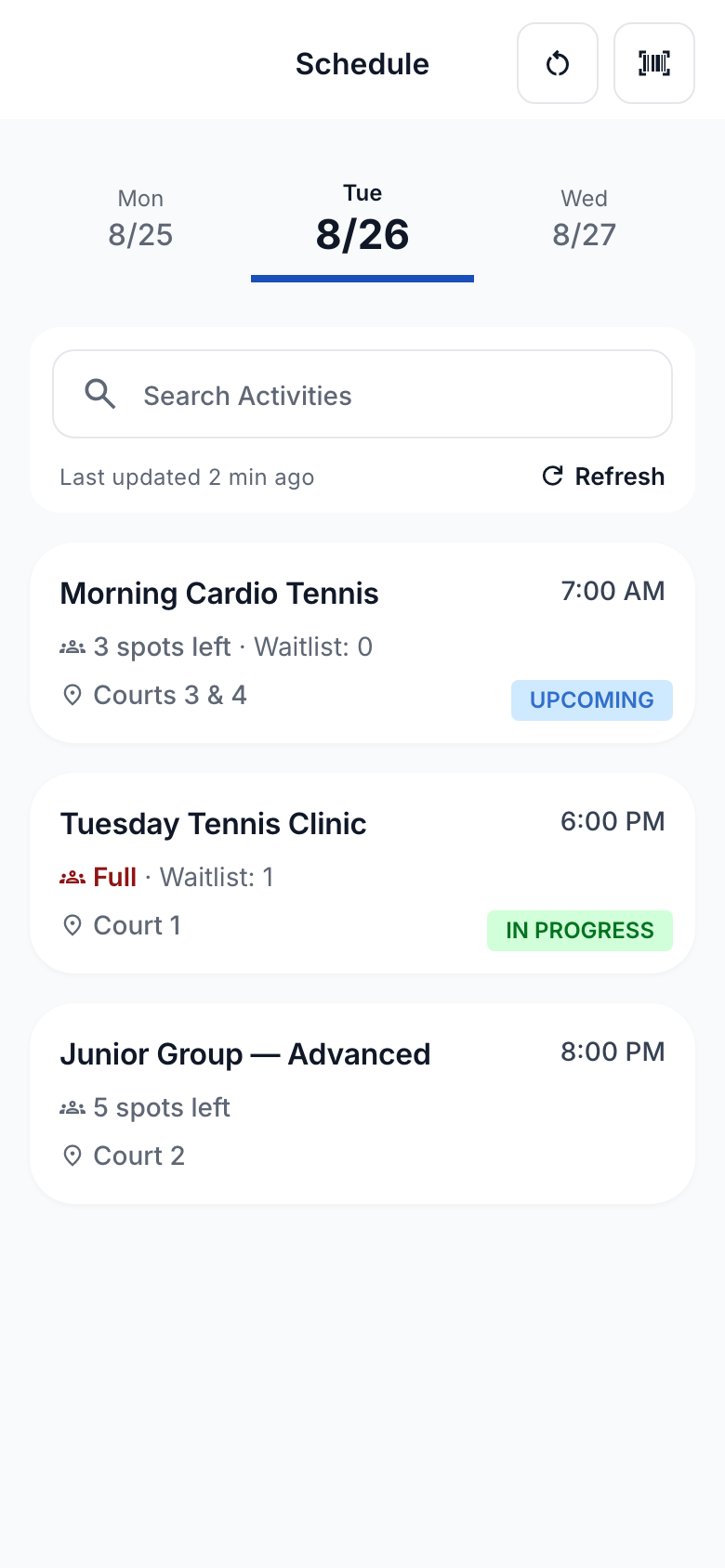 Instructor Schedule screen showing the same card, hierarchy, and status conventions in an operational context.