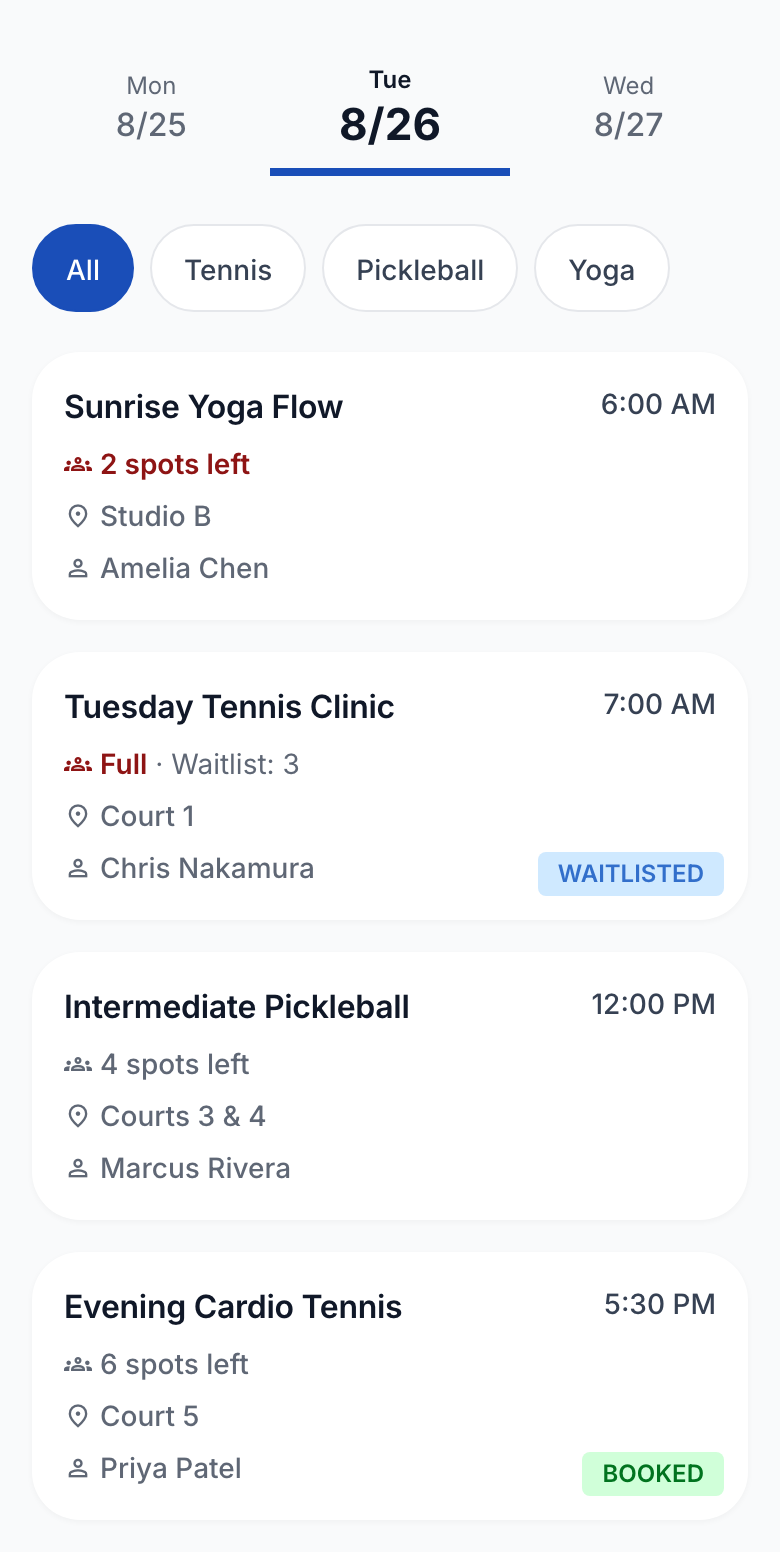 Member Activities screen showing date navigation, filters, availability, and activity status.