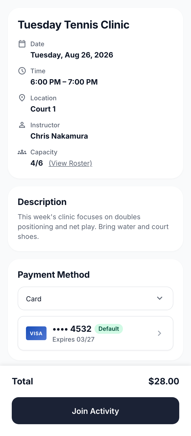 Member Activity Details screen showing schedule, capacity, description, payment method, and join action.