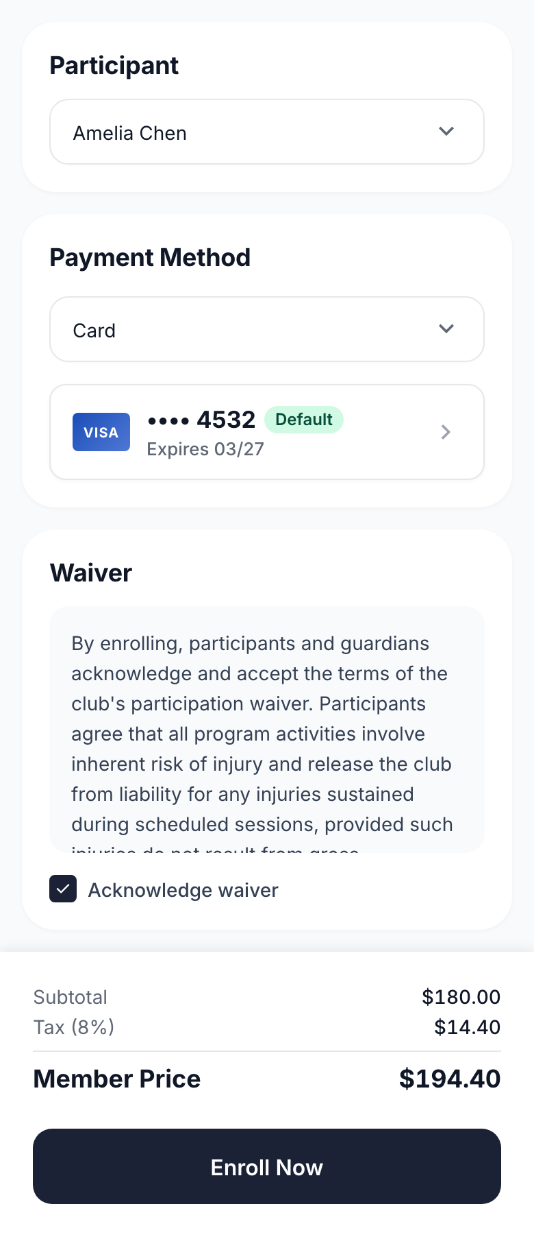 Join Enrollment screen showing participant, payment, waiver, pricing, and enrollment action.