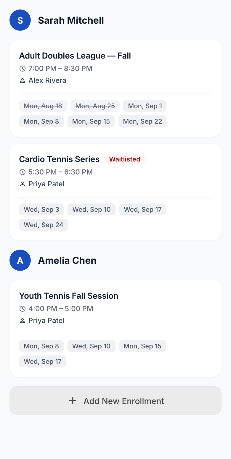 Member Enrollments screen showing joined programs, dates, participants, and waitlist status.