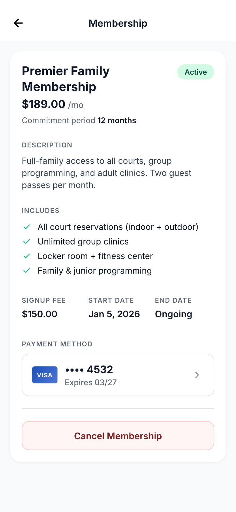 Membership details screen showing plan status, benefits, dates, payment method, and cancellation action.