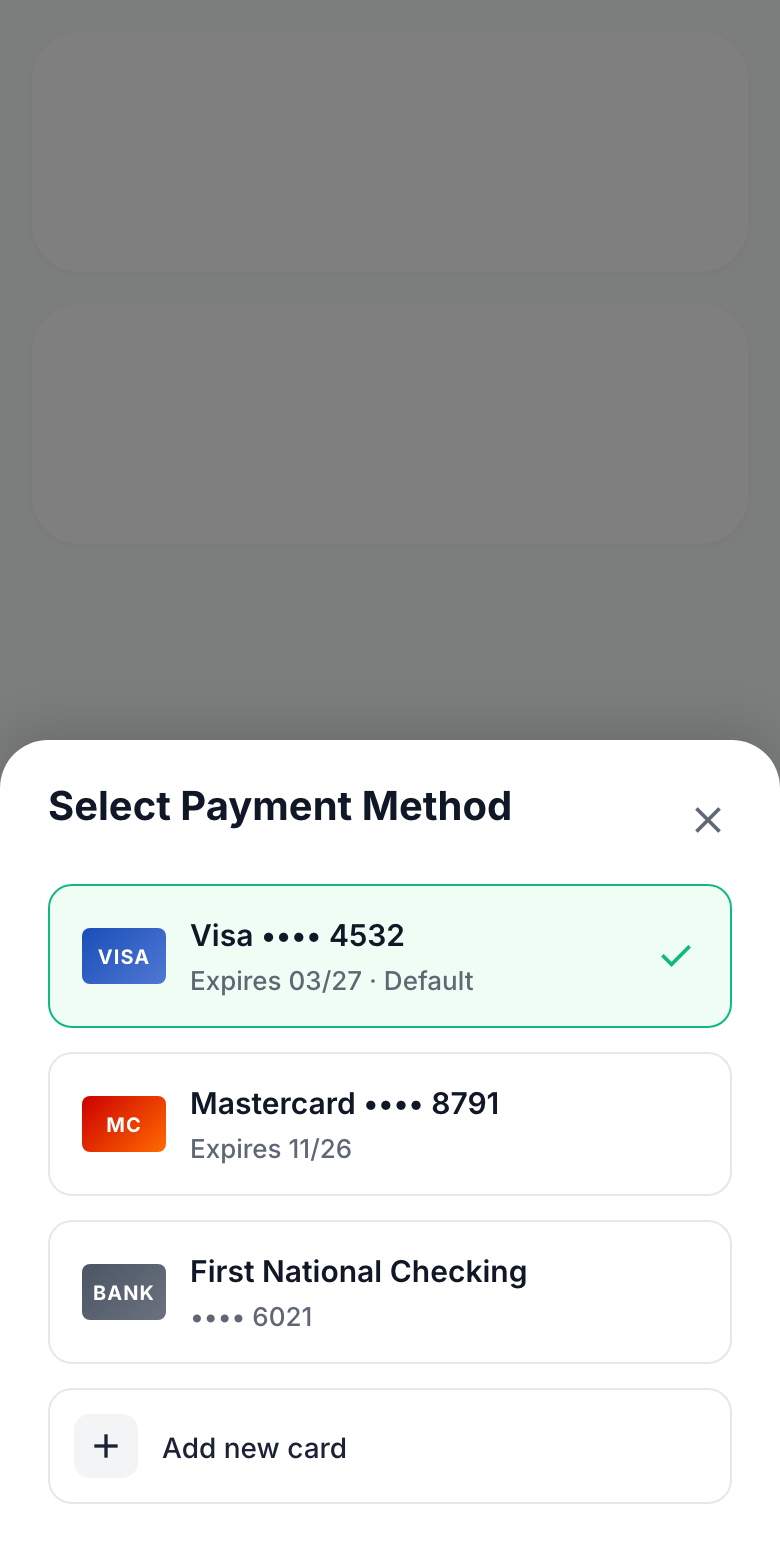 Focused payment method selection drawer showing selected, available, and new payment options.
