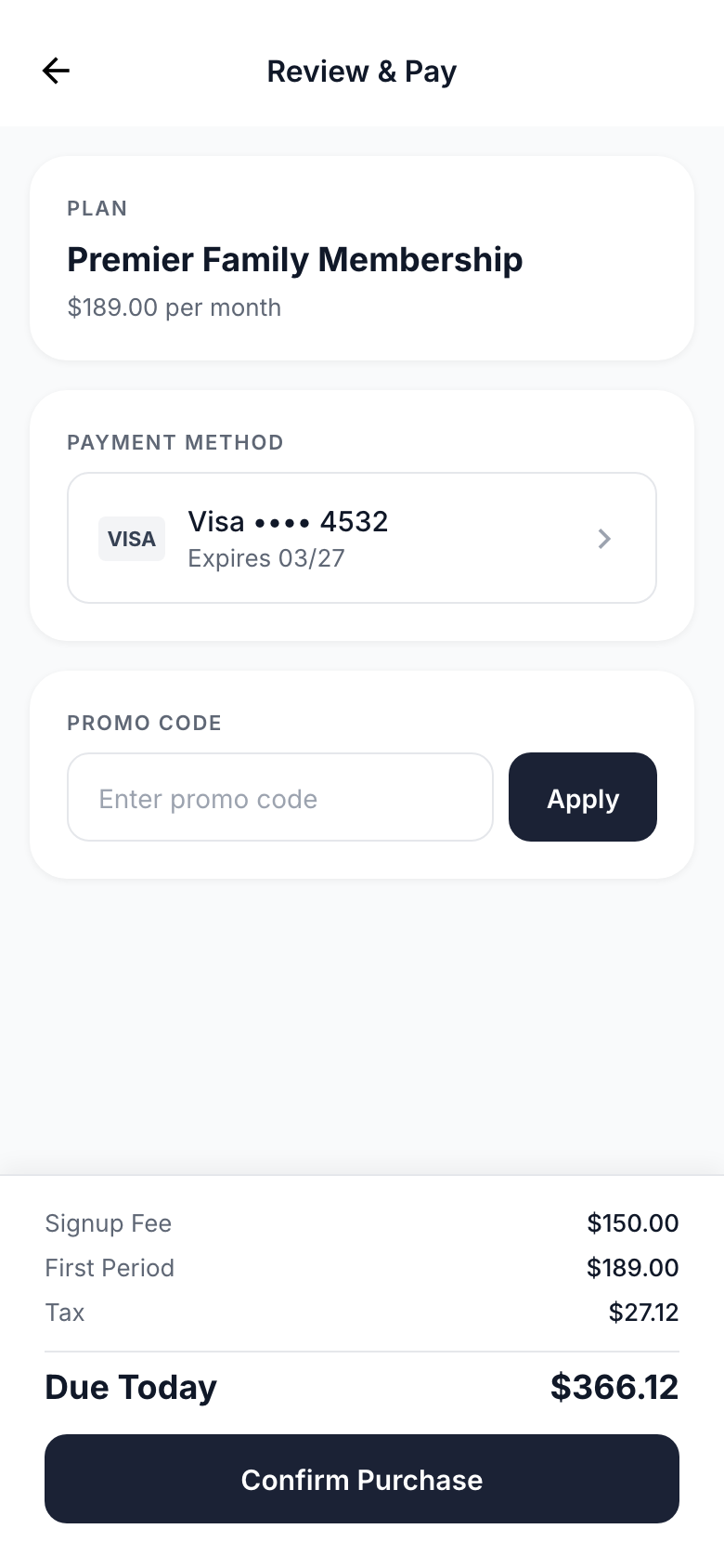 Review and Pay screen showing membership plan, payment method, promo code, price summary, and purchase action.