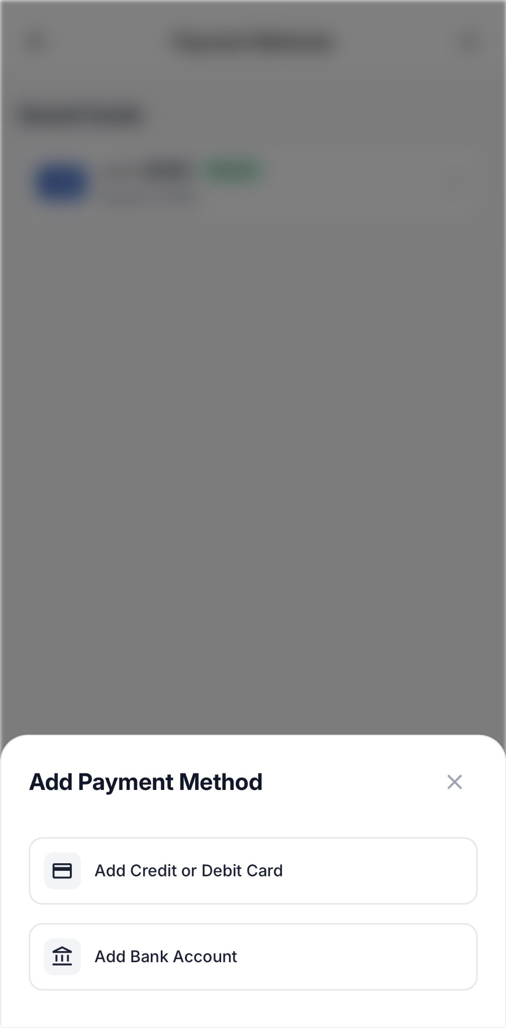 V2 Add Payment Method sheet showing Card and Bank Account choices.